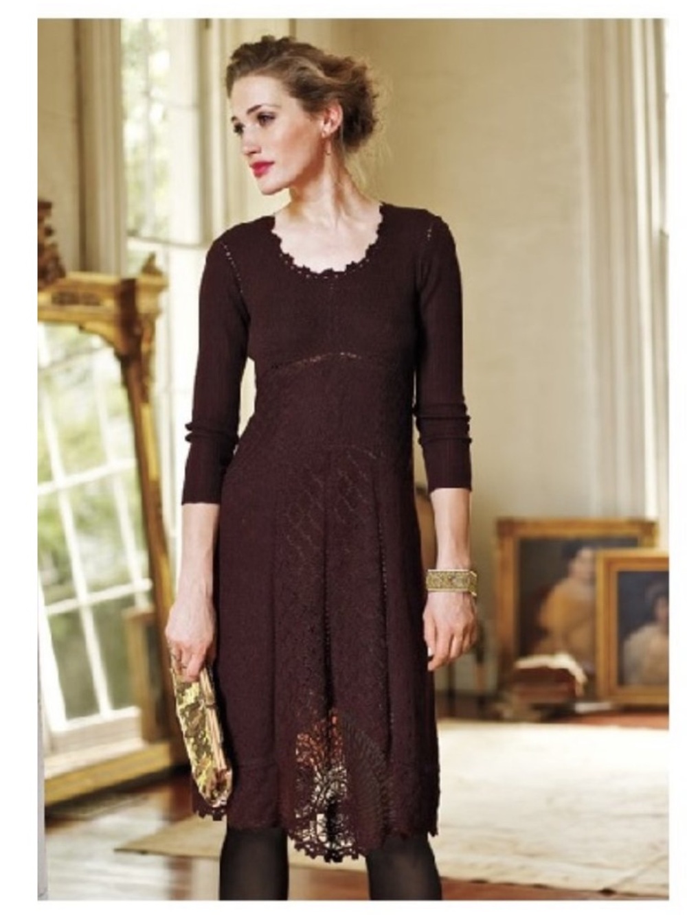 Peruvian Connection Brown Embroidered Lace Asymmetric Alpaca Silk Midi Dress